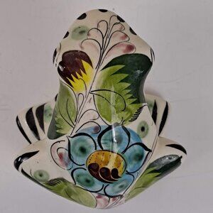 Mexican Clay Pottery Frog Hand Painted and Glazed Floral and Leaf Details EUC